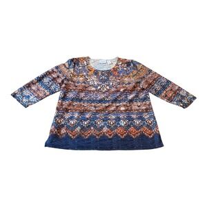 Alfred Dunner Women's L Top Blouse 3/4 Sleeve Paisley Blue Orange‎ Embellished